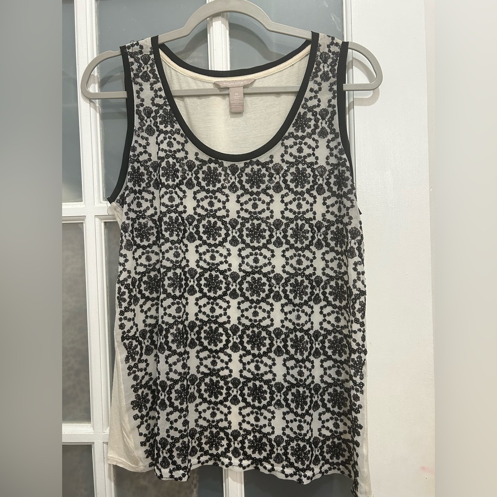Banana Republic Ivory and Black Geometric Sequin Tank Top Size Medium